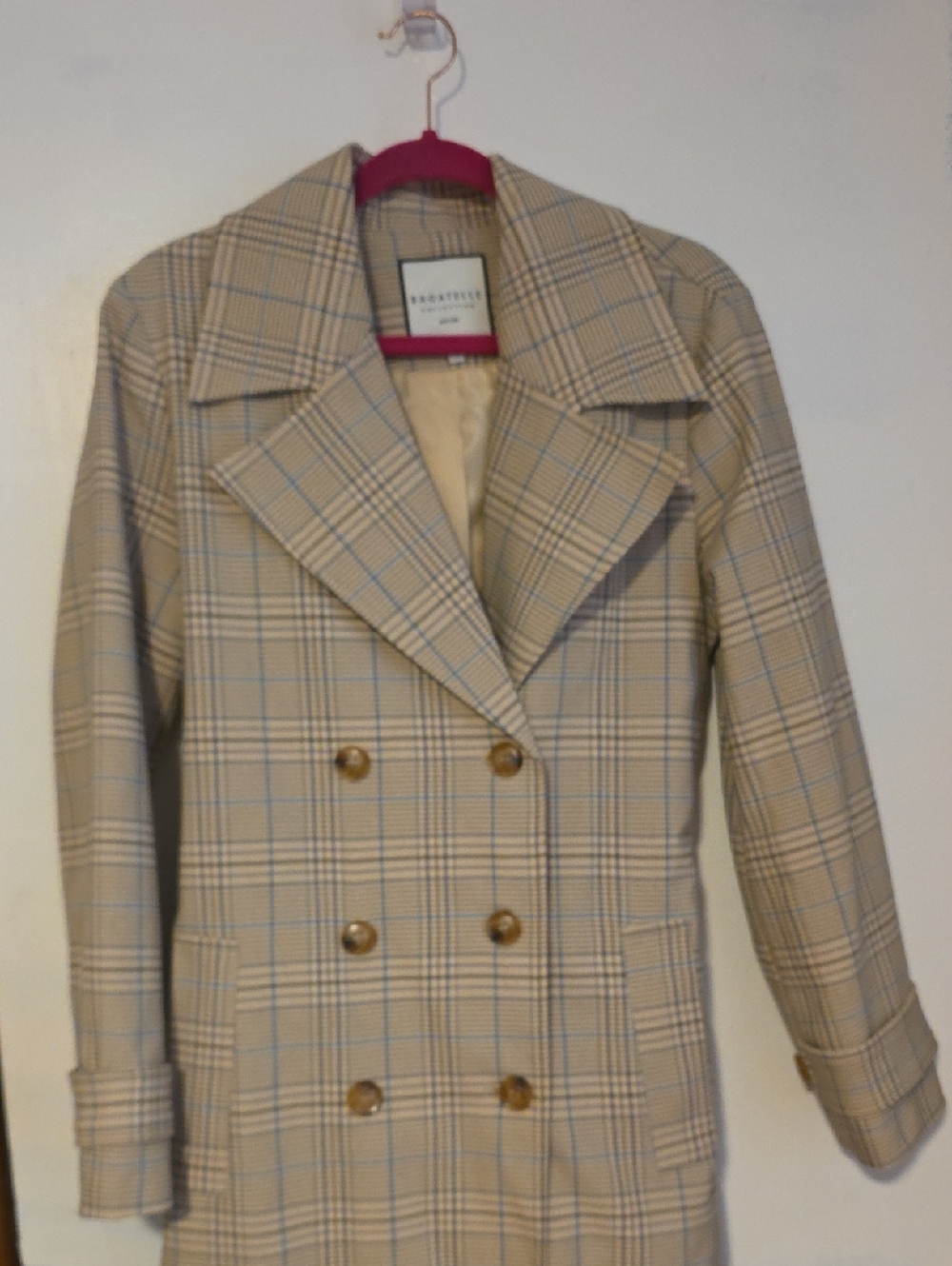Beaudette Double-Breasted Beige Plaid Trench Coat